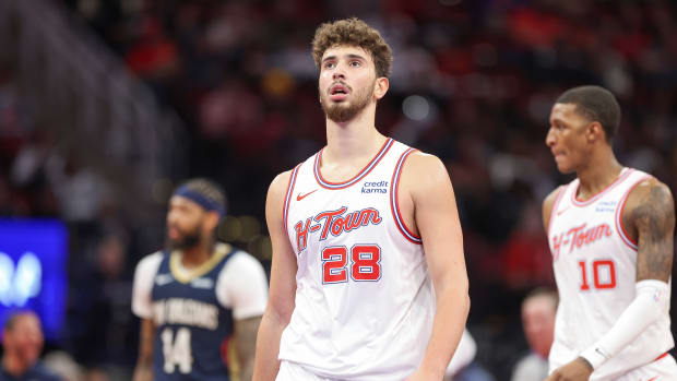 Rockets center Alperen Sengun reacts after a play during the third quarter against the New Orleans Pelicans at Toyota Center.